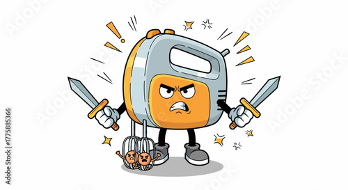 Angry Kitchen Mixer Character Holding Knives Ready for Battle.
