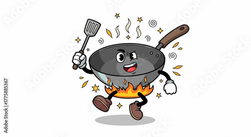 Animated cartoon frying pan character holding spatula over fire cooking.
