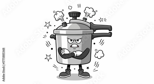 Angry pressure cooker cartoon character with a furious expression.