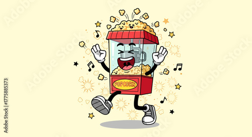 Animated Popcorn Machine Character Dancing with Joy and Musical Notes.