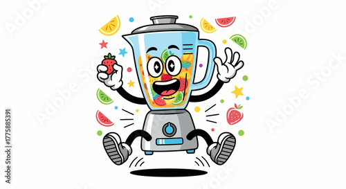Cartoon Blender Character with Fruits Joyful and Energetic Ready to Blend.