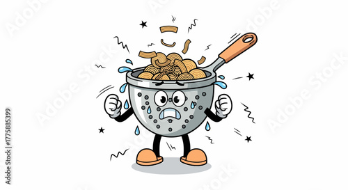 Cartoon colander character expressing frustration with pasta inside and angry.