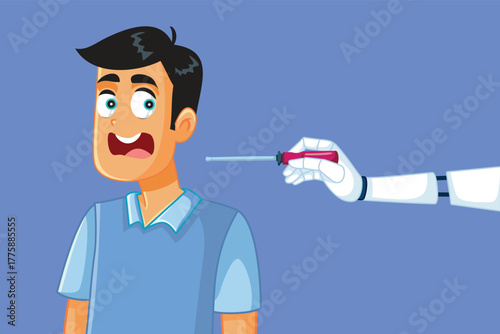 Man Scared of a Robot Trying to Fix Him Vector Illustration. Patient being fearful when he sees a medical robot malfunctioning  
