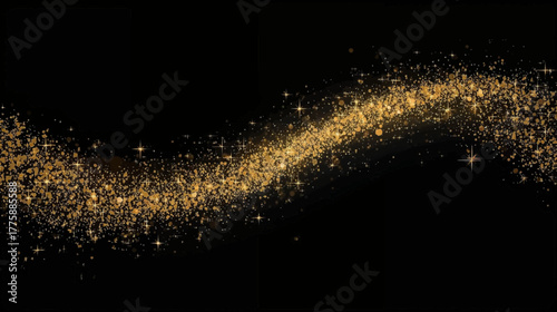 A shimmering golden trail of sparkling particles gracefully curves across a stark black background, creating a sense of magic and wonder.
