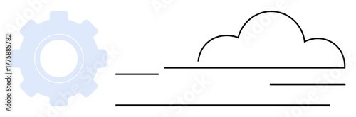 Gear and cloud linked by horizontal lines, symbolizing cloud computing, system integration, data processing. Ideal for technology, innovation, automation, IT infrastructure, digitalization