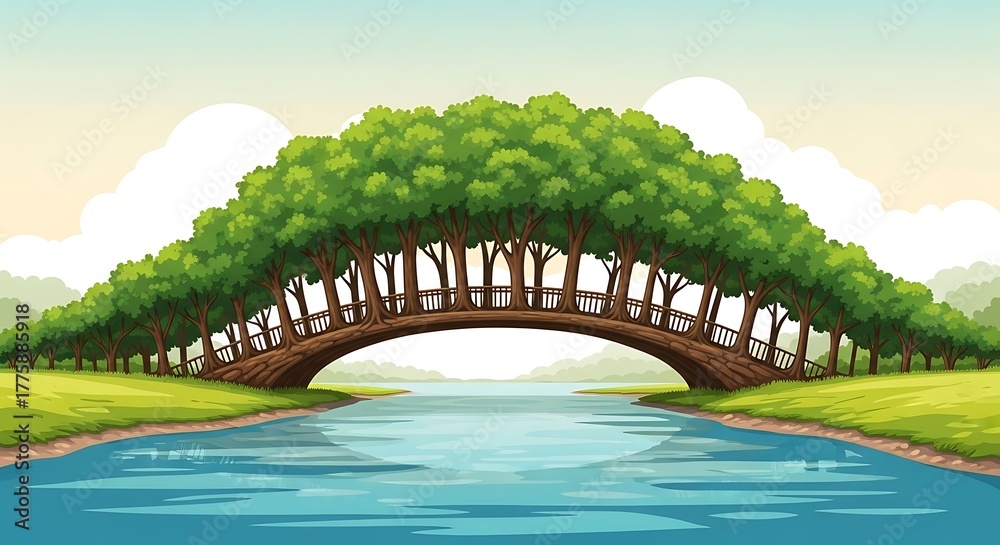 Fototapeta premium Enchanting Tree Bridge Arching Over Serene River in Lush Green Landscape.