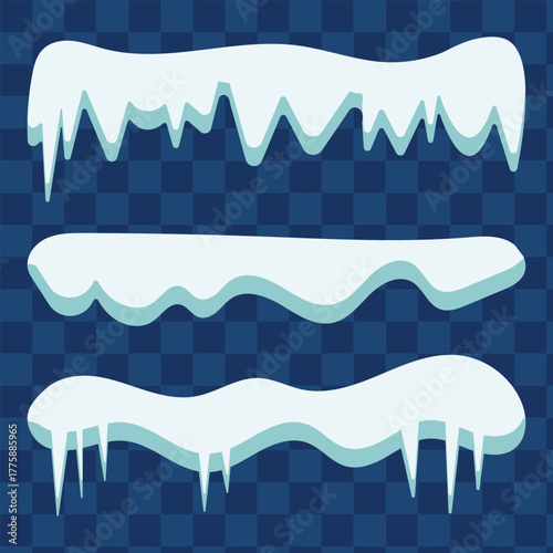 Snow icicles frame. Frozen winter decoration, frost border vector background design. Set white snow caps with icicles and piles with icy texture. eps 10