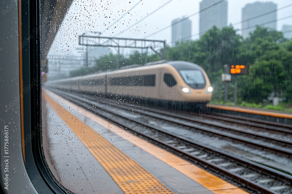 Naklejka premium Train Passing Through Rainy Station Window in Urban Setting with Blurred Background of Buildings
