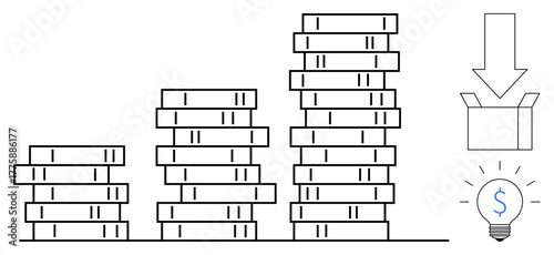 Growing coin stacks beside an open box with an arrow and lightbulb symbolizing financial growth, savings, investment, innovation, and creative money management. Ideal for economy, business