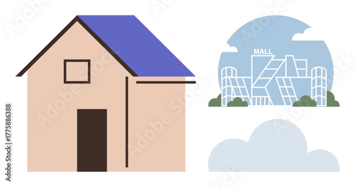 House with blue roof beside a modern mall outlined by clouds. Ideal for home vs. city life, choices, environment, real estate, community, lifestyle architecture. Minimalist flat design metaphor