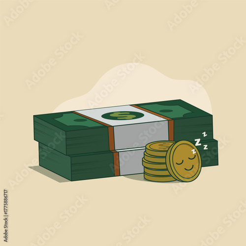  vector illustration of money stacks and gold coins, with a cute sleeping coin symbolizing passive income, savings, or financial stability