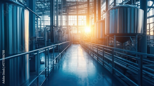 Industrial facility at sunset modern manufacturing urban location high-tech environment dynamic viewpoint