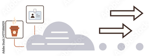 Coffee cup, ID card linked to a cloud, and arrows moving rightward. Ideal for cloud computing, workflow, business processes, efficiency, teamwork, productivity simple flat metaphor