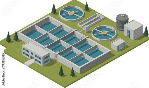 Isometric 3D illustration of modern water treatment plant with purification tanks, filtration basins, industrial buildings, and clean water facility