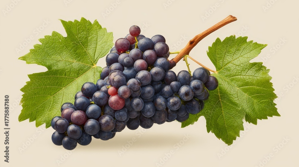 Fototapeta premium A fresh cluster of dark purple grapes with vibrant green leaves and a woody vine on a pale neutral background.