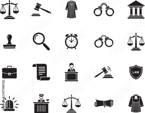 Justice and Law Silhouette icon collection. Includes Silhouette symbols justice, law, judge, police, court and more. Isolated icons. Justice icon set. 