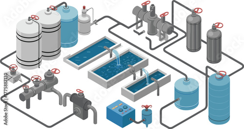 Isometric illustration of industrial water treatment plant, purification system with tanks, pipes, filters, valves and clean water process