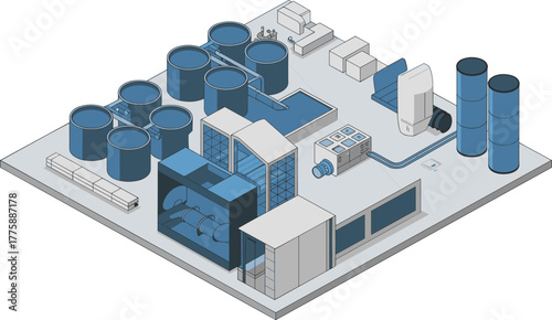Isometric illustration of industrial water treatment plant layout showing purification tanks, pipelines, filters, and automated modern water processing system