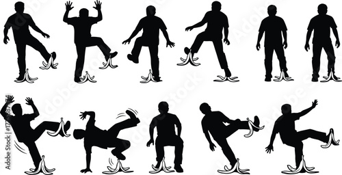 Silhouette man slipping, banana peel accident, falling sequence, comic motion, humorous stumble, black figure, isolated pose, safety concept illustration