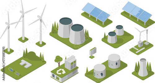 Isometric illustration of renewable energy sources including wind turbines, solar panels, nuclear power plant, and eco-friendly sustainable energy production