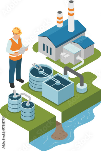Isometric illustration of water treatment plant and industrial factory with engineer worker, purification process, wastewater management and environmental technology concept