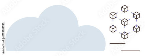 Large cloud beside networked blocks showing data decentralization, secure transactions, technology. Ideal for innovation, networking, digital security, data management, connection, cloud integration