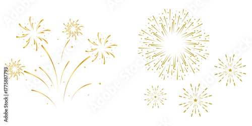 Illustration of several metallic gold style fireworks exploding simultaneously