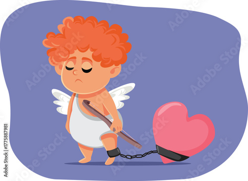 Sad Unhappy Prisoner Cupid Feeling Depressed Vector Cartoon. Unhappy depressed angel of love suffering from anxiety and loneliness 
