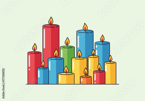 Colorful Candles with Flames Illustration.