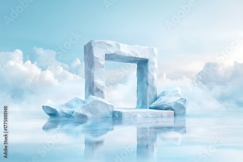 Ethereal Ice Archway Surrounded by Clouds and Water in a Dreamy Landscape