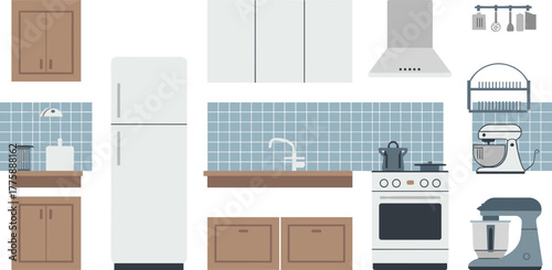 Minimalist illustration of modern kitchen interior with cabinets, refrigerator, stove, sink, mixer, and tiled backsplash home design