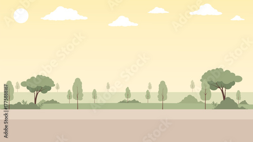 Flat Landscape Background with Pine Trees and Cloudy Sky in Soft Pastel Colors