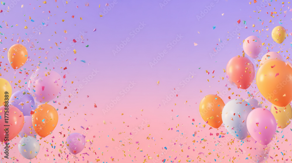 Fototapeta premium Colorful balloons and confetti create a festive atmosphere during a celebration with a soft pastel background