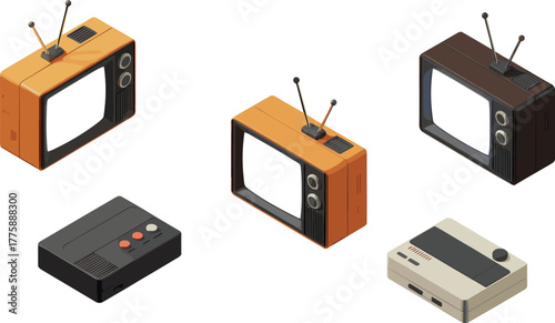 Isometric vintage television and retro video game console illustration, old technology collection, nostalgic entertainment design, classic electronics concept