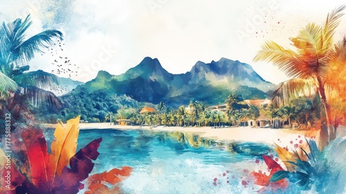 Serene tropical landscape exotic island watercolor art lush environment vibrant colors nature inspiration