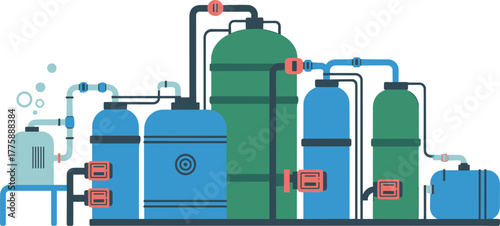 Minimalist vector illustration of water treatment system, industrial filtration equipment, modern purification plant, clean technology, wastewater management process