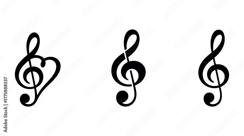 Obraz premium Three Treble Clef Symbols One Heart Shaped on White Background