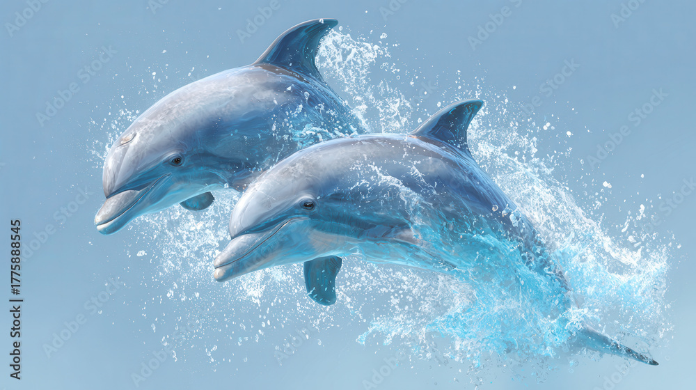 Fototapeta premium Dolphins leap gracefully above ocean surface during a sunny day at sea