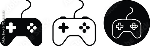 Minimalist video game controller icons set, black and white joystick symbols, modern gaming design, simple vector illustration for technology concepts