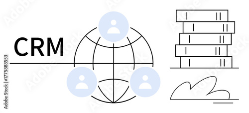 CRM text alongside a globe with user icons, a document stack, and a cloud. Ideal for business, organization, communication, connection, data analytics customer service and system management. Clean