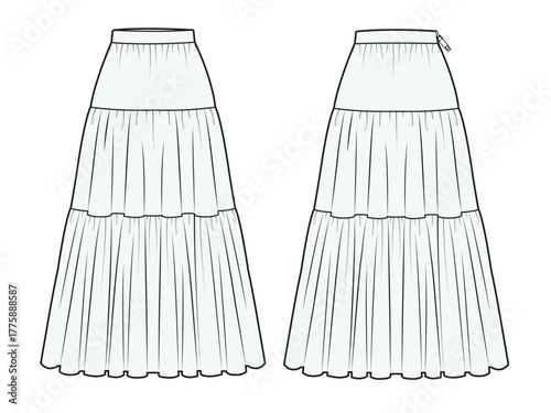 Tiered skirt front and back view mockup template vector design technical illustration.