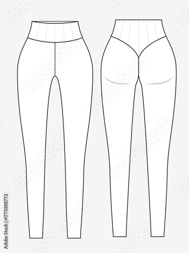 Women compression leggings front and back view flat sketch vector mockup template technical illustration.