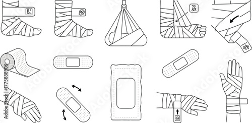 Illustrations of various bandages applied to different body parts and bandage supplies