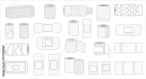 A collection of various bandages and medical tapes in a black and white line drawing style illustration