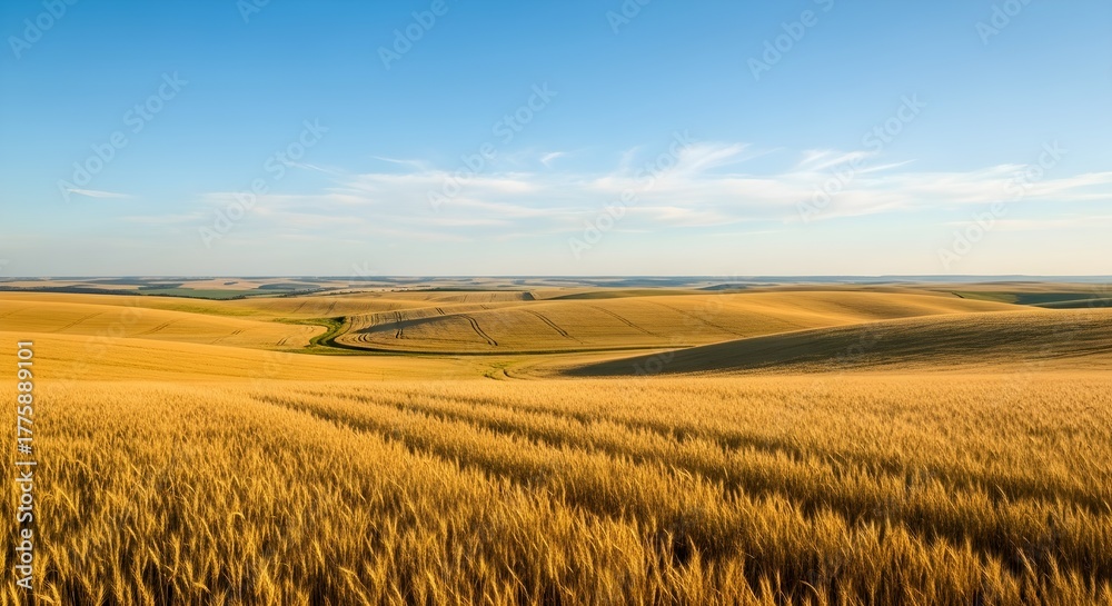 Obraz premium Golden wheat fields under a vast blue sky with wispy clouds rolling hills in the distance
