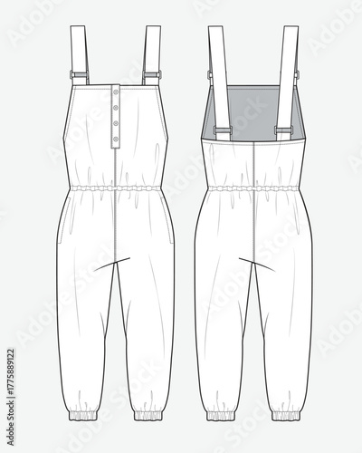 Kids overalls front and back view mockup template vector design technical illustration.