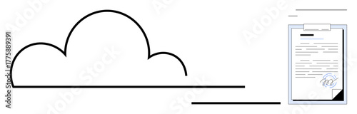 Cloud outline connected to a clipboard with a signed document, symbolizing digital storage, data management, electronic agreements, and workflow automation. Ideal for tech, business, legal