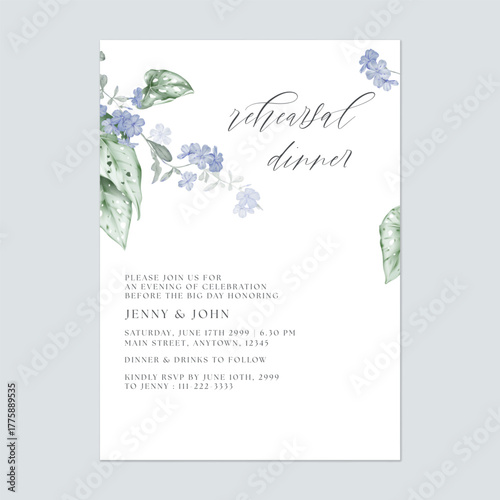 Rehearsal dinner invitation template with watercolor illustrations of Cape leadwort flowers and Caladium on a solid white background