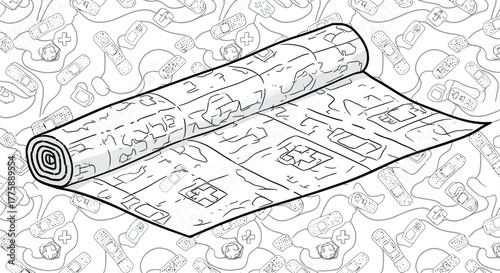 A roll of bandage patterned paper unrolling on a background of scattered bandage illustrations