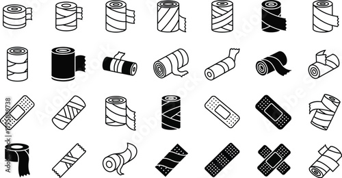 A collection of medical bandages and adhesive plasters in black and white line art style illustration
